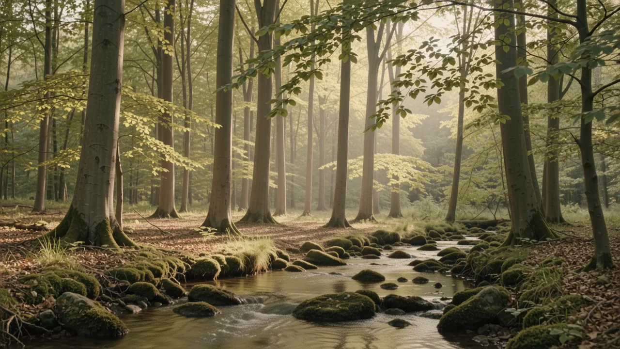 A clear stream moving through a mossy sunlit woodland