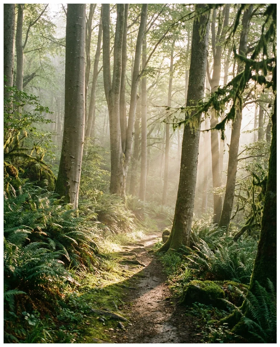 Warm sunbeams on a woodland path