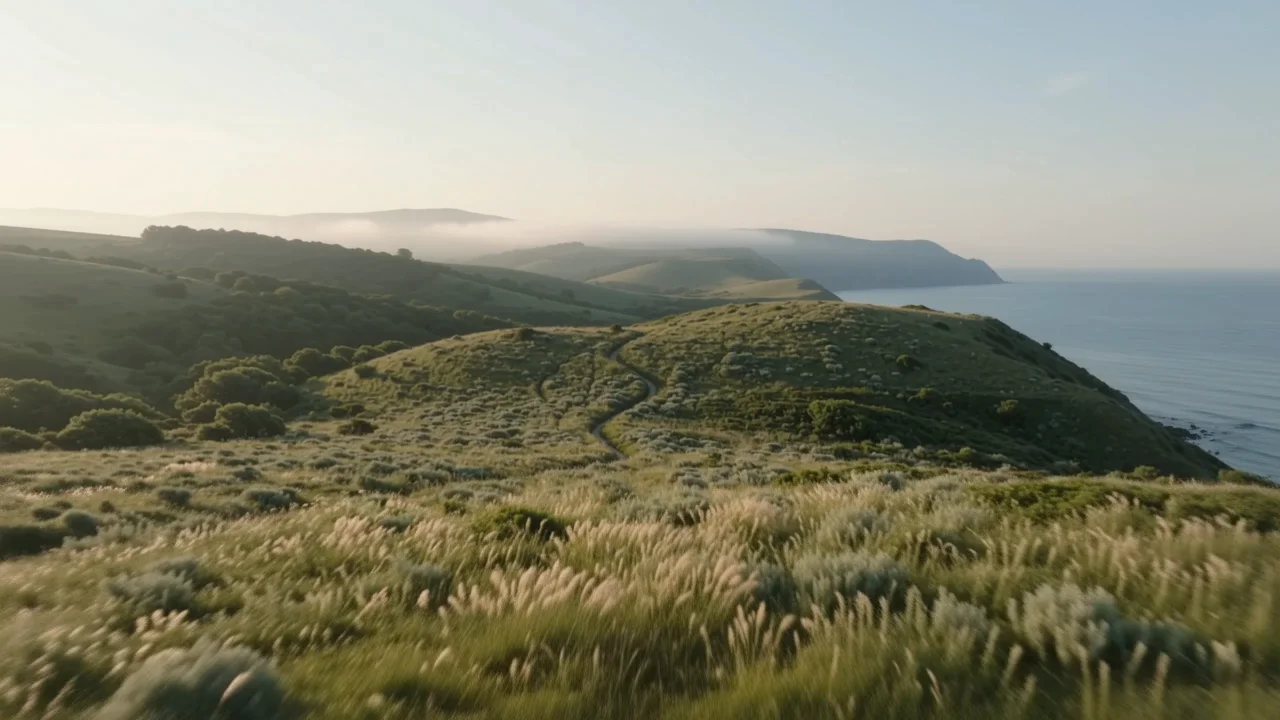 A winding path through misty green coastal hills in warm morning light