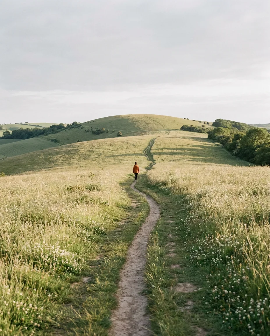 A walker follows a path through wildflower meadows toward rolling hills